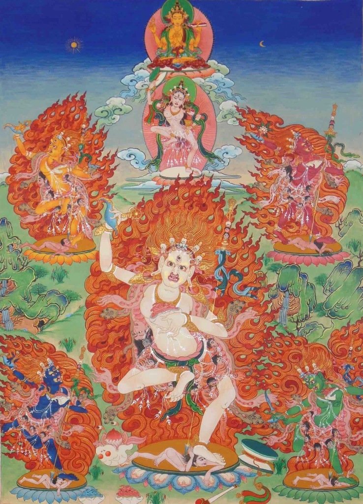 Tanka Pięciu Dakiń Mądrości autorstwa Lamy Gyurme Rabgye (2016). Akryl i pigment mineralny. Lama Tsultrim Allione. Dzięki uprzejmości Tara Mandala Retreat Center. Tanka Pięciu Dakiń Mądrości autorstwa Lamy Gyurme Rabgye (2016). Akryl i pigment mineralny. Lama Tsultrim Allione. Dzięki uprzejmości Tara Mandala Retreat Center.