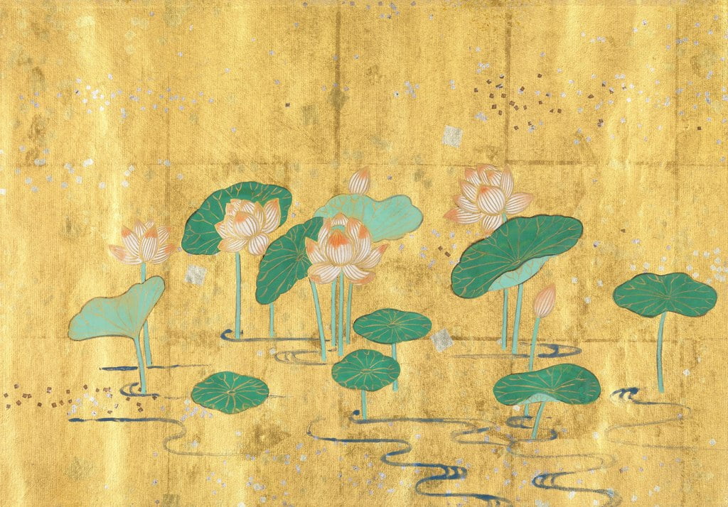Japanese illustration depicting white lotuses in Chapter 25: "Universal Gateway" of the Lotus Sutra. Text inscribed by Sugawara Mitsushige, Kamakura period, c. 1257, Metropolitan Museum of Art, New York. Japanese illustration depicting white lotuses in Chapter 25: "Universal Gateway" of the Lotus Sutra. Text inscribed by Sugawara Mitsushige, Kamakura period, c. 1257, Metropolitan Museum of Art, New York.