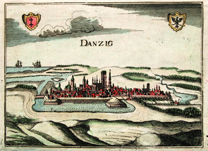 Panorama miasta, w górnych narożnikach herby Gdańska i Polski, około 1650